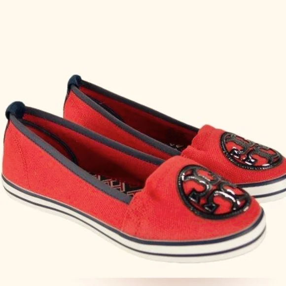 Tory Burch Raymond Red Slip On Loafers Canvas Women's Size 6.5 - Picture 1 of 10